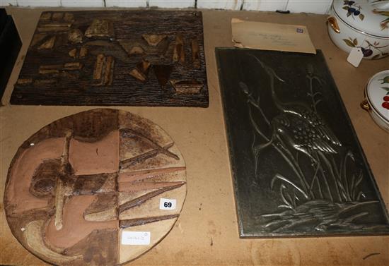 2 West German ceramic plaques & 1 pewter